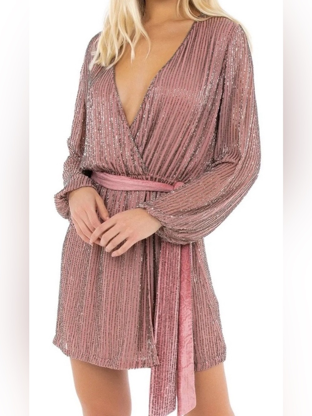 Karina Grimaldi Women’s Garda Beaded Rose Pink Mini Dress w/Velvet Belt Size XL